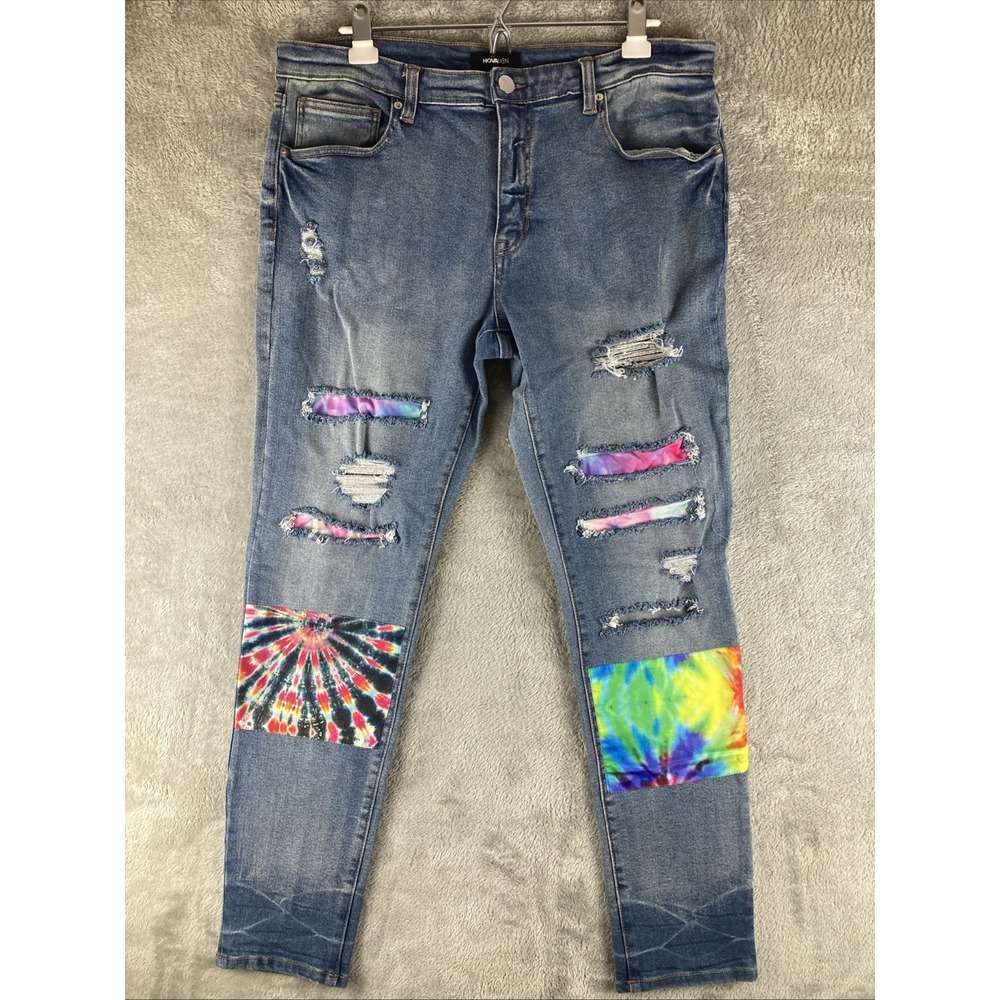 Novamen Jeans Womens Size 36 Blue Denim Stretch Patchwork Splatter Tie Dye Hippy